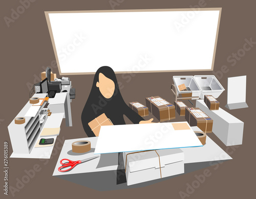 Service women working in post office has white board, computer and accessories
