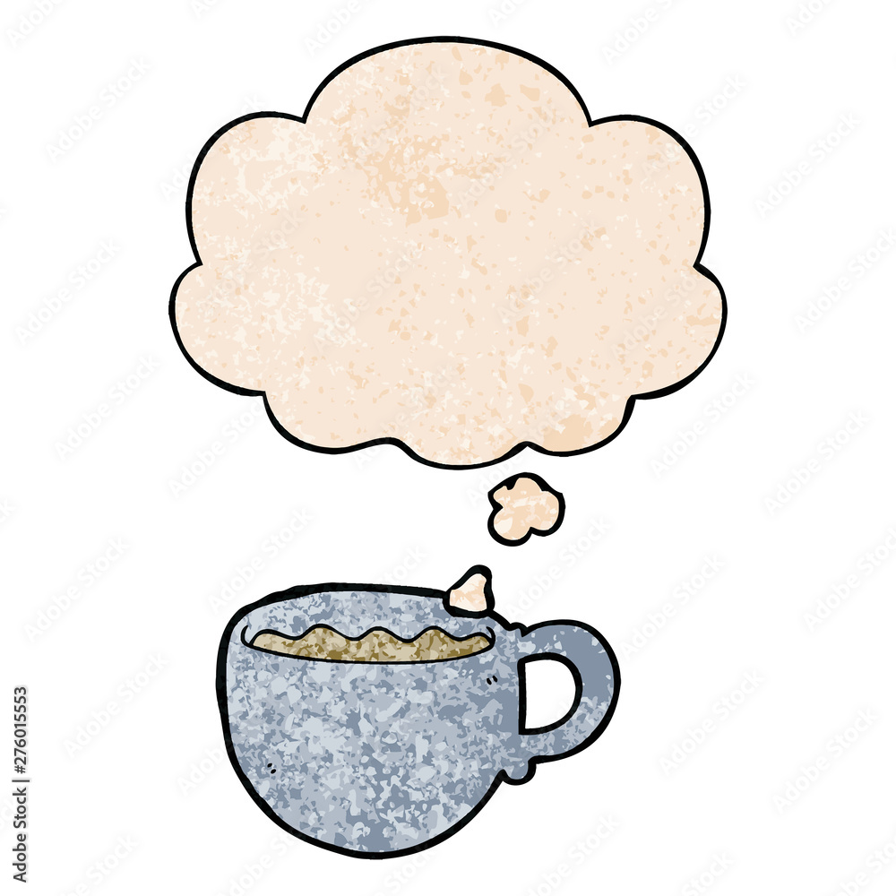 cartoon coffee cup and thought bubble in grunge texture pattern style