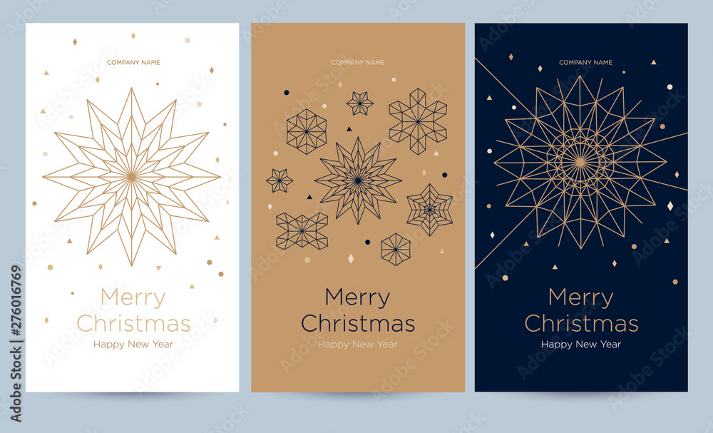 A set of greeting card with snowflakes and festive decor. Linear golden Christmas snowflake on a different background. New Year's design template with a window for text. Vector flat. Vertical format