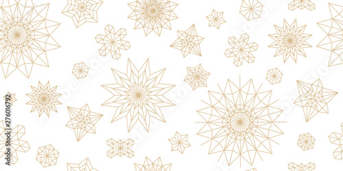 Abstract New Year pattern. Golden christmas snowflake on white background. Seamless ornament for decor, wallpaper, gift paper and design of New Year's souvenirs