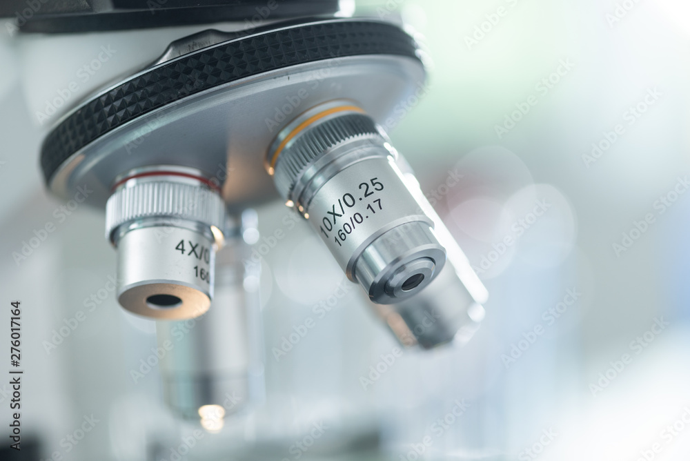 close-up of Microscope lens, science tools microscope in laboratory close-up of Microscope lens, science tools microscope in laboratory