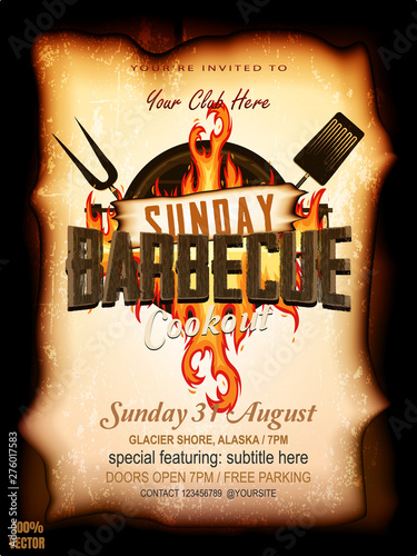 Barbecue party a4 invitation template. Summer BBQ weekend flyer. Grill illustration with grill, burned paper, fire on grunge. The best promotion for your bar, pub or restaurant. Vector eps 10