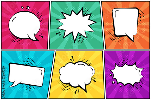 Set in pop art style. White empty comic speech bubbles on colorful background. Vector illustration