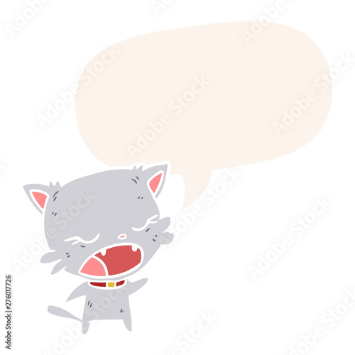cute cartoon cat talking and speech bubble in retro style