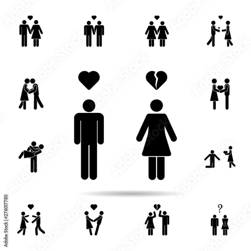 The guy broke the heart of the girl icon. Universal set of people in love for website design and development, app development