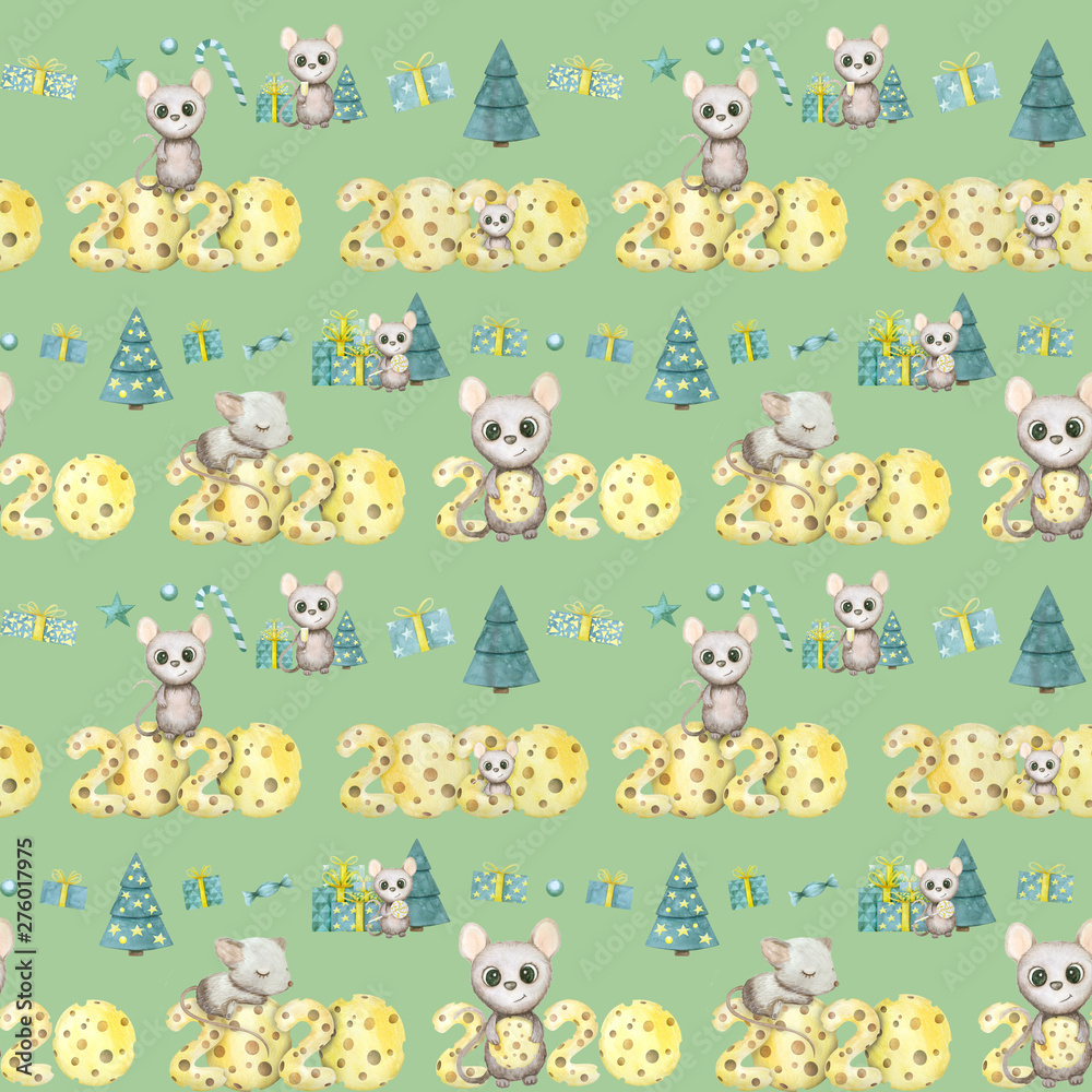 Cute watercolor rat seamless pattern. Mouse symbol 2020 new year