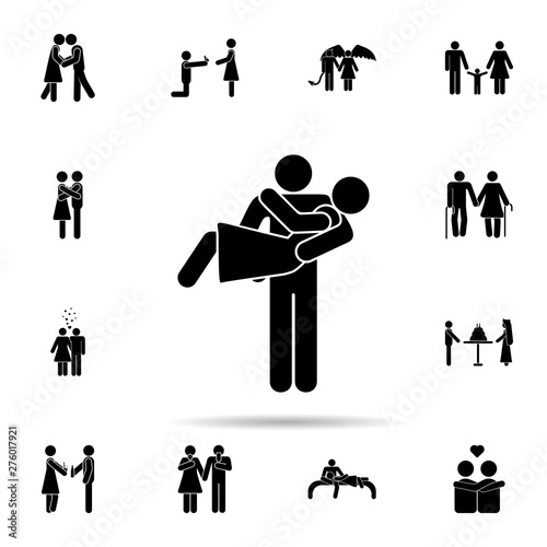 The guy is holding the girl in his arms icon. Universal set of people in love for website design and development, app development