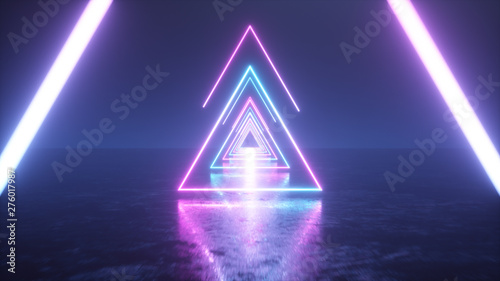Flying through glowing neon triangles with metal floor creating a tunnel with fog, blue pink violet spectrum, fluorescent ultraviolet light, modern vj colorful lighting, 3d illustration