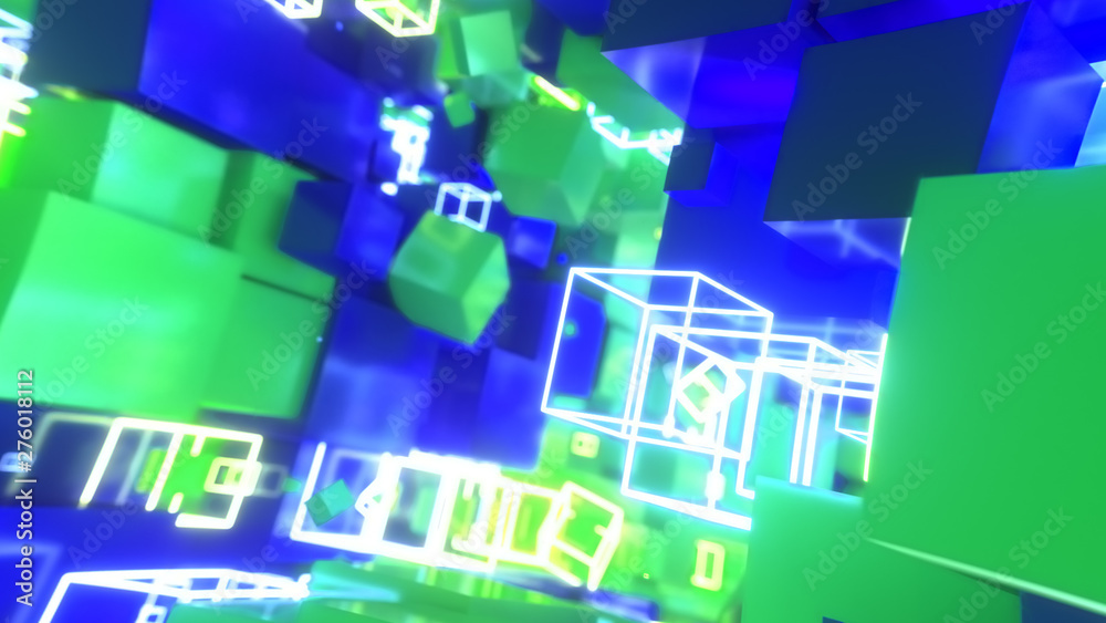 Obraz premium Abstract motion of colorful cubes with neon glowing cubes. 3d illustration