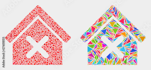 Closed house mosaic icon of triangle elements which have variable sizes and shapes and colors. Geometric abstract vector illustration of closed house.