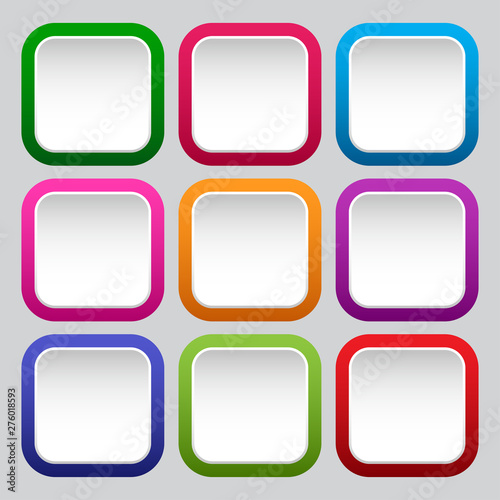 Set of square white buttons with colorful borders. Vector illustration
