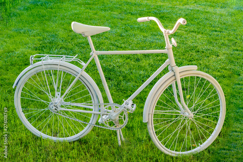 An old Bicycle painted white stands in the garden