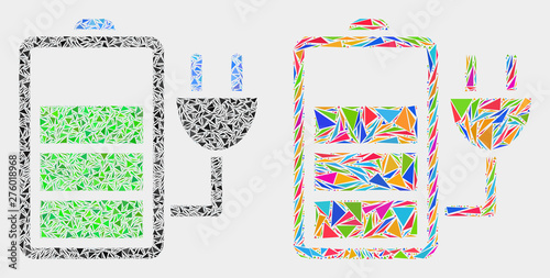 Charge battery mosaic icon of triangle elements which have various sizes and shapes and colors. Geometric abstract vector illustration of charge battery.