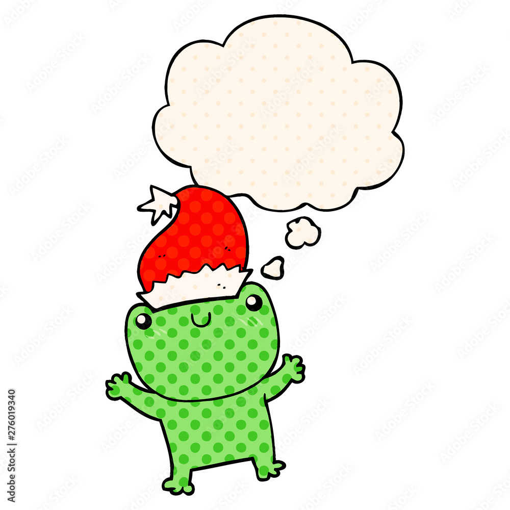 Fototapeta premium cute cartoon frog wearing christmas hat and thought bubble in comic book style