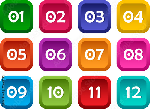 Colorful set of square buttons with numbers from 01 to 12. Vector illustration