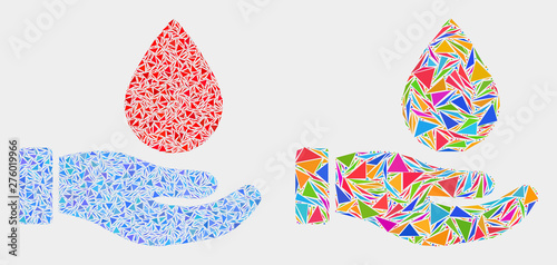 Blood donation hand collage icon of triangle elements which have various sizes and shapes and colors. Geometric abstract vector illustration of blood donation hand.