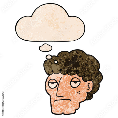 cartoon bored man and thought bubble in grunge texture pattern style