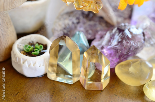 Bright colorful crystal garden. Witchy Healing crystal collection, mineral specimens. Stunning crystal garden, lots of variety, fun textures. Macro photography of quartz crystals. Bohemian decorations