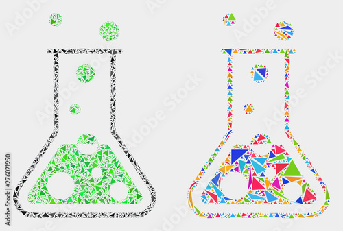 Chemical retort collage icon of triangle items which have various sizes and shapes and colors. Geometric abstract vector design concept of chemical retort.