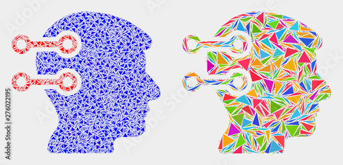Brain interface links mosaic icon of triangle items which have variable sizes and shapes and colors. Geometric abstract vector design concept of brain interface links.