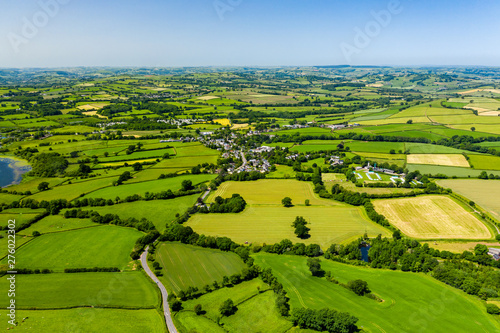 Tablou canvas Aerial drone view of green fields and farmland in rural Wales