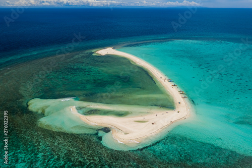Vászonkép Aerial drone view of a beautiful white sandbar surrounded by coral reef near a t