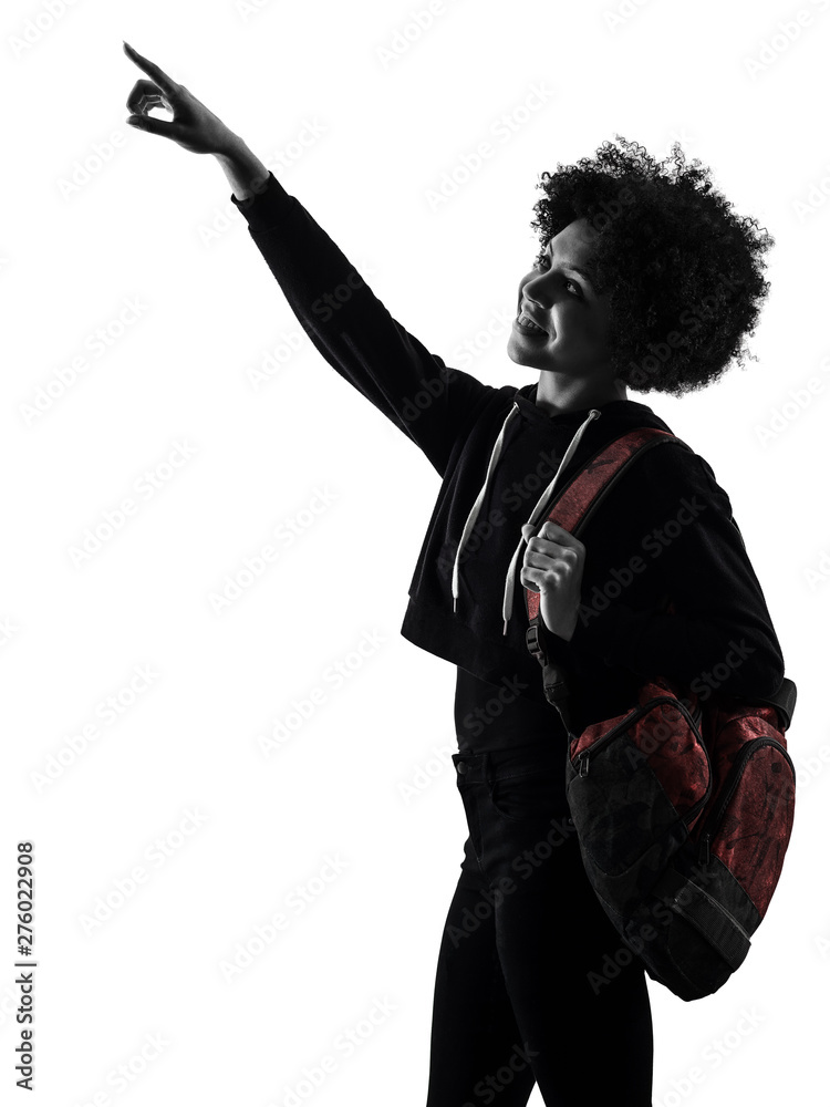 one mixed race african young teenager girl woman looking up pointing in ...