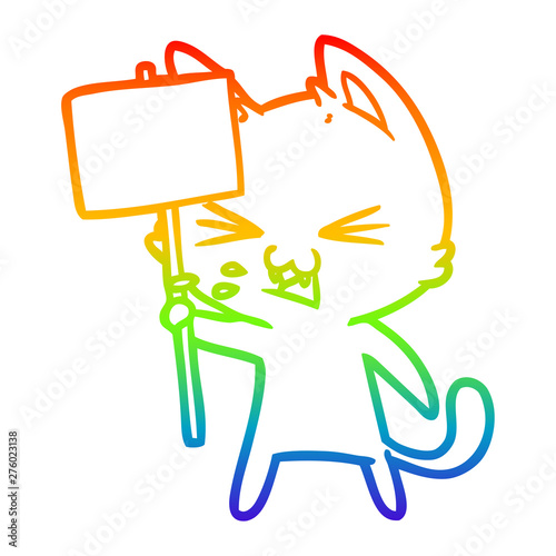 rainbow gradient line drawing cartoon cat protesting