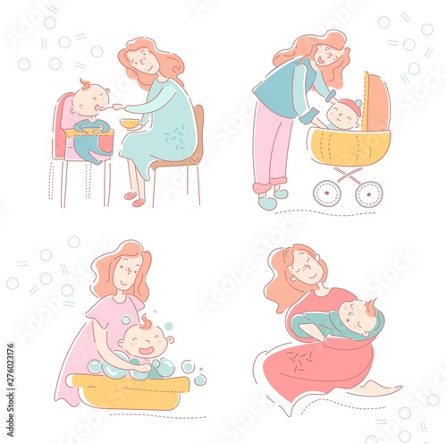 Four sketches of a loving mother and baby showing the various facets of motherhood, parenting and childcare with feeding time, walk in a pram, bathing and bedtime