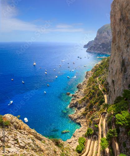 View of Via Krupp from Gardens of Augustus descending to Marina Piccola sea, Capri Island, Italy.