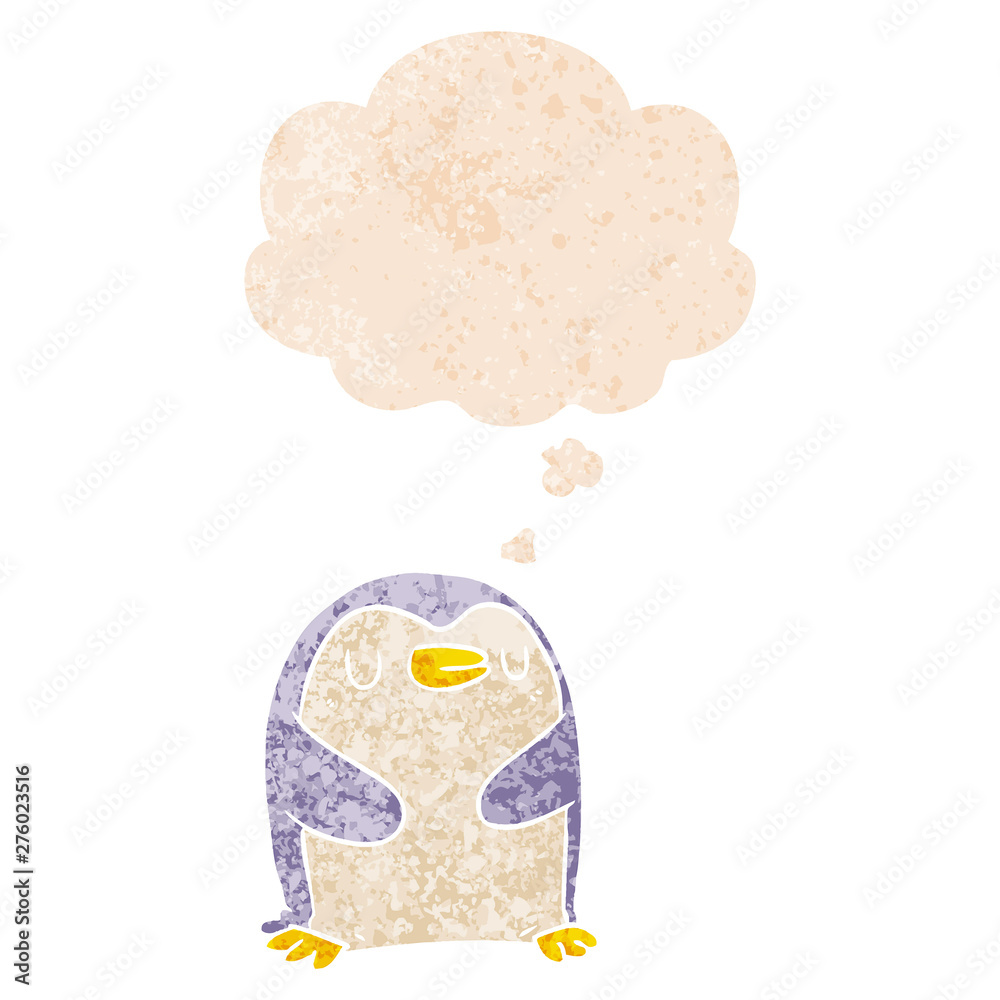 cartoon penguin and thought bubble in retro textured style cartoon penguin and thought bubble in retro textured style