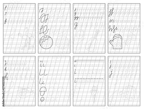Set of black and white educational pages on oblique line for kids. Printable worksheet for children textbook. Developing skills of writing and tracing. Baby book. Back to school.