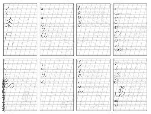 Set of black and white educational pages on oblique line for kids. Printable worksheet for children textbook. Developing skills of writing and tracing. Baby book. Back to school.