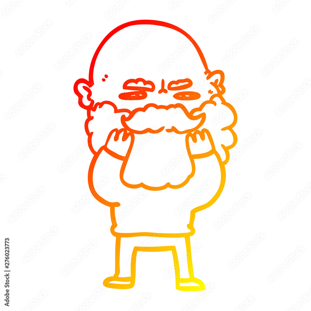 warm gradient line drawing cartoon man with beard frowning checking his beard