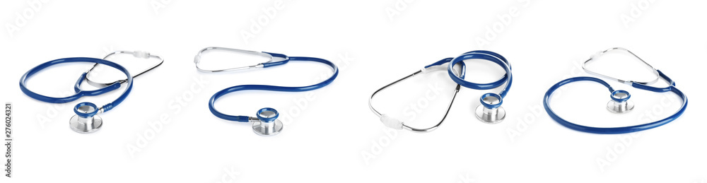 Set of blue stethoscopes on white background. Medical device Set of blue stethoscopes on white background. Medical device