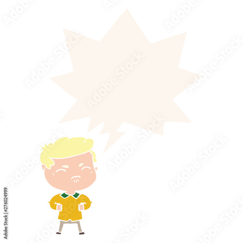 cartoon annoyed man and speech bubble in retro style