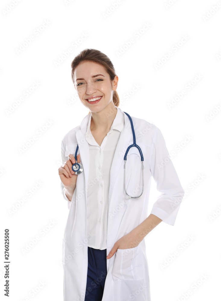 Portrait of medical doctor with stethoscope isolated on white