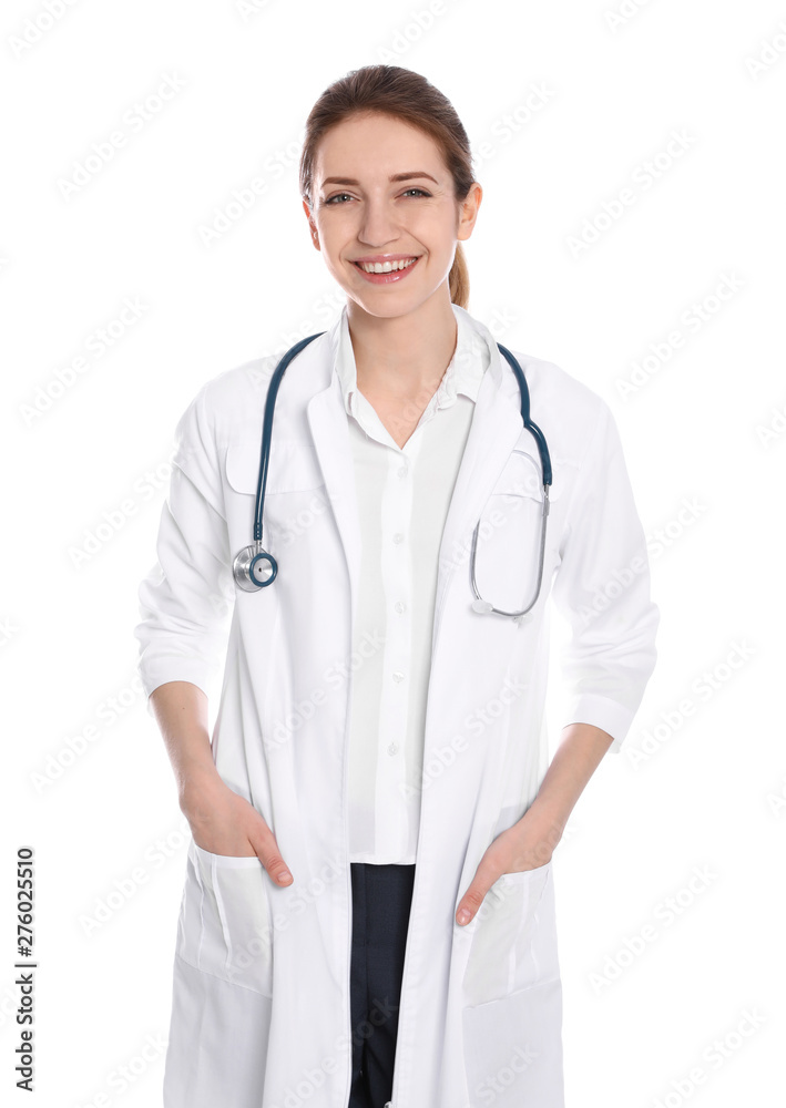 Portrait of medical doctor with stethoscope isolated on white Portrait of medical doctor with stethoscope isolated on white
