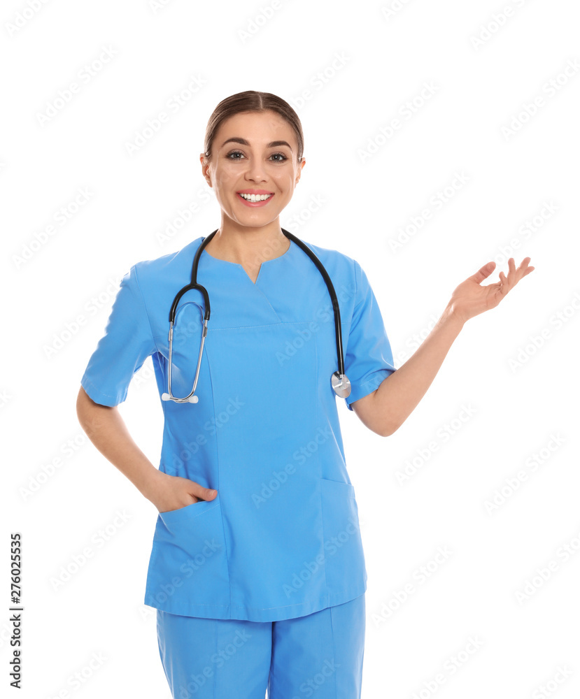Portrait of medical doctor with stethoscope isolated on white Portrait of medical doctor with stethoscope isolated on white