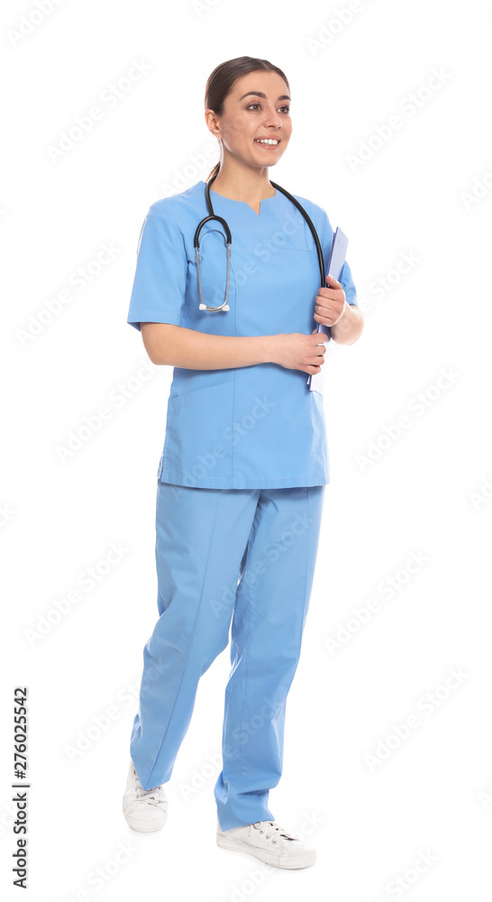 Full length portrait of medical doctor with clipboard and stethoscope isolated on white Full length portrait of medical doctor with clipboard and stethoscope isolated on white