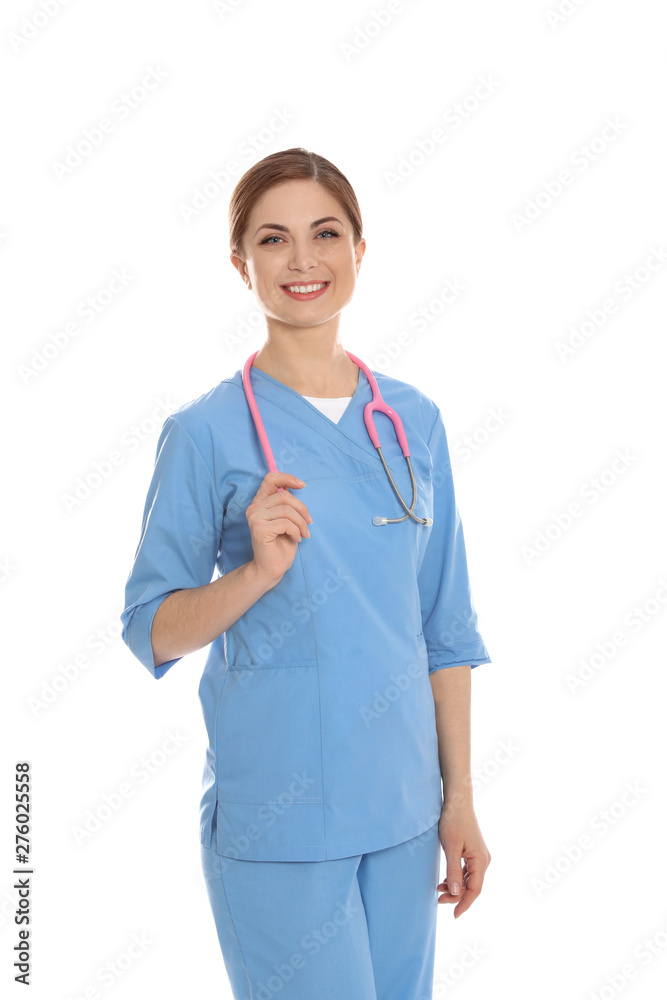 Portrait of medical doctor with stethoscope isolated on white Portrait of medical doctor with stethoscope isolated on white