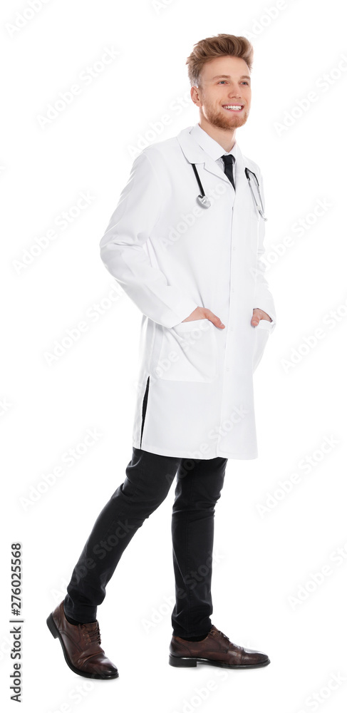Full length portrait of medical doctor with stethoscope isolated on white