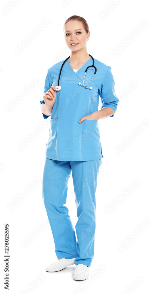 Full length portrait of medical doctor with stethoscope isolated on white Full length portrait of medical doctor with stethoscope isolated on white