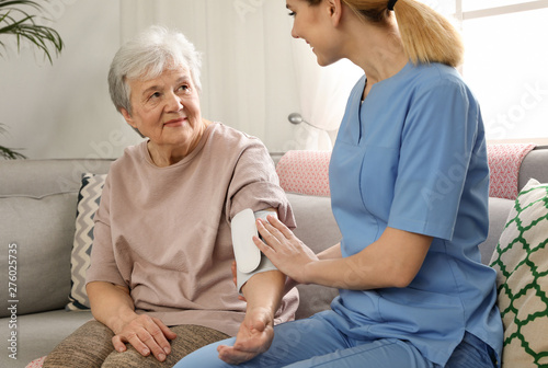 Nurse measuring blood pressure of elderly woman indoors. Assisting senior people