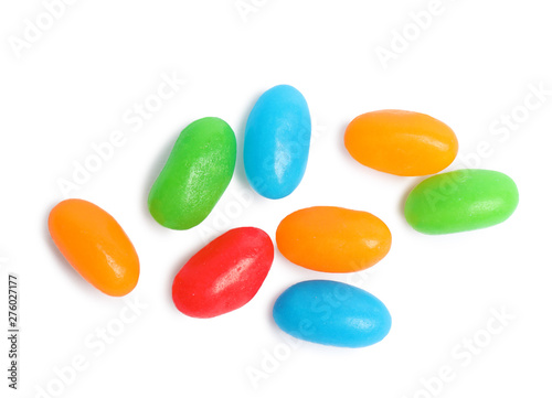 Delicious colorful jelly beans isolated on white, top view