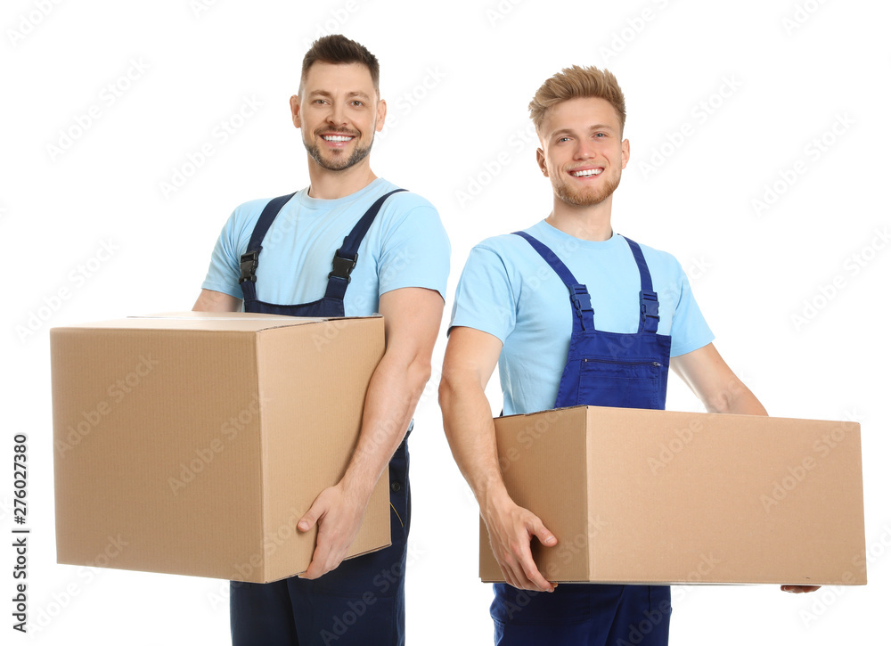 Portrait of moving service employees with cardboard boxes on white background Portrait of moving service employees with cardboard boxes on white background