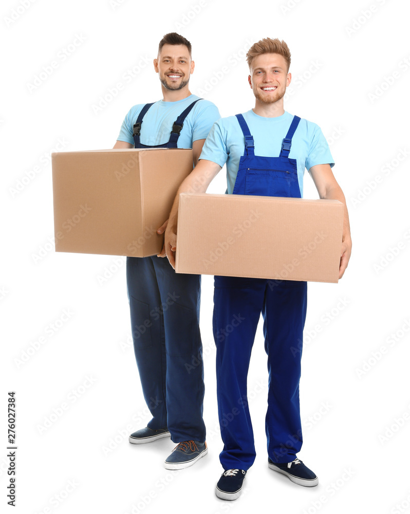 Portrait of moving service employees with cardboard boxes on white background Portrait of moving service employees with cardboard boxes on white background