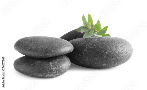 Black spa stones with eucalyptus isolated on white