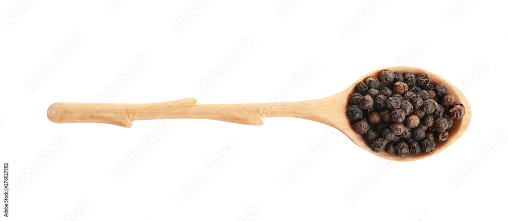 Spoon of black peppercorns isolated on white, top view Spoon of black peppercorns isolated on white, top view