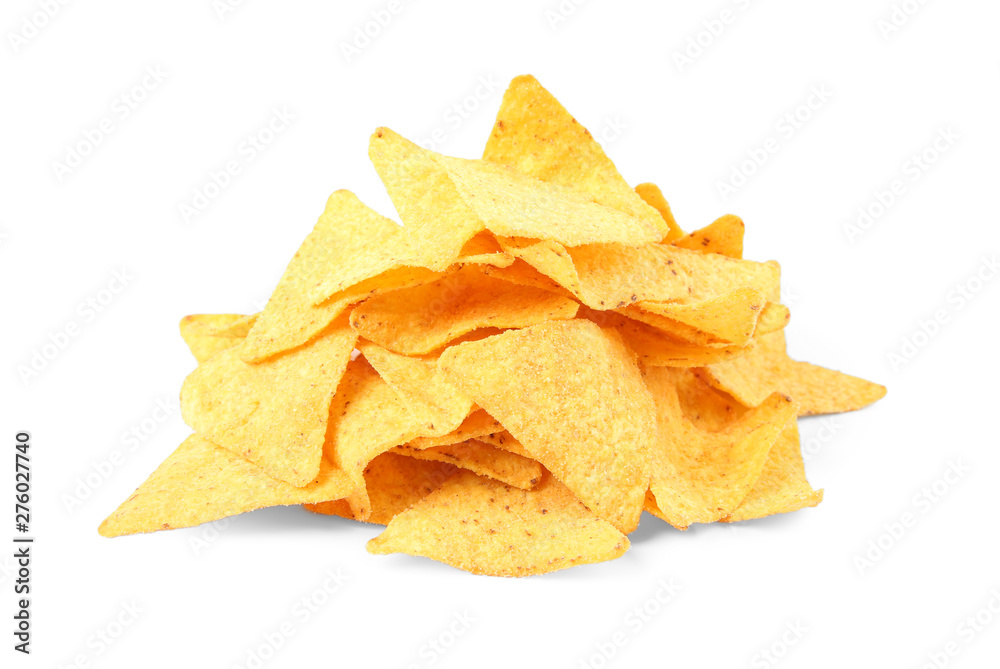 Tasty Mexican nachos chips on white background